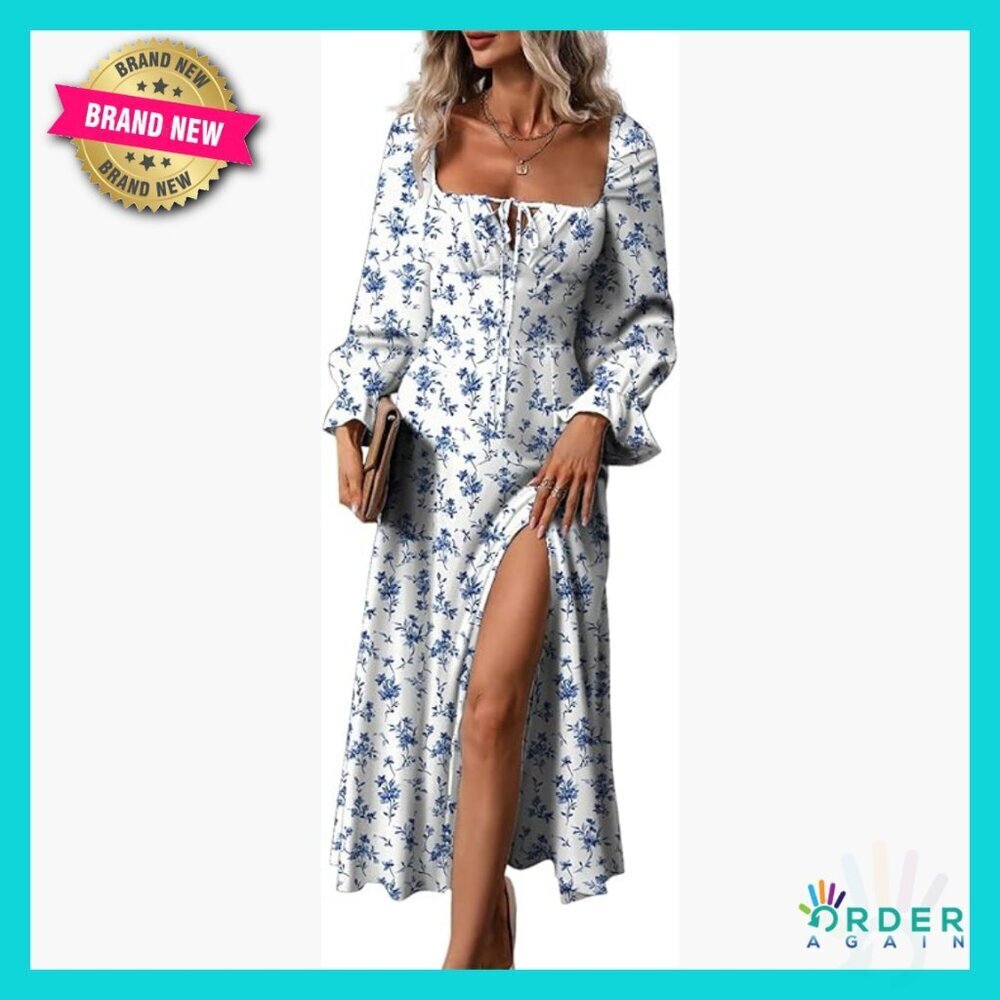 Boho Floral Midi Dress Square Neck Long Sleeve Casual Elegant Side Split